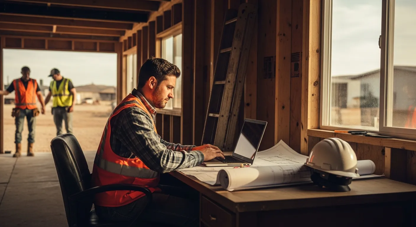A contractor reviewing project numbers at a jobsite office