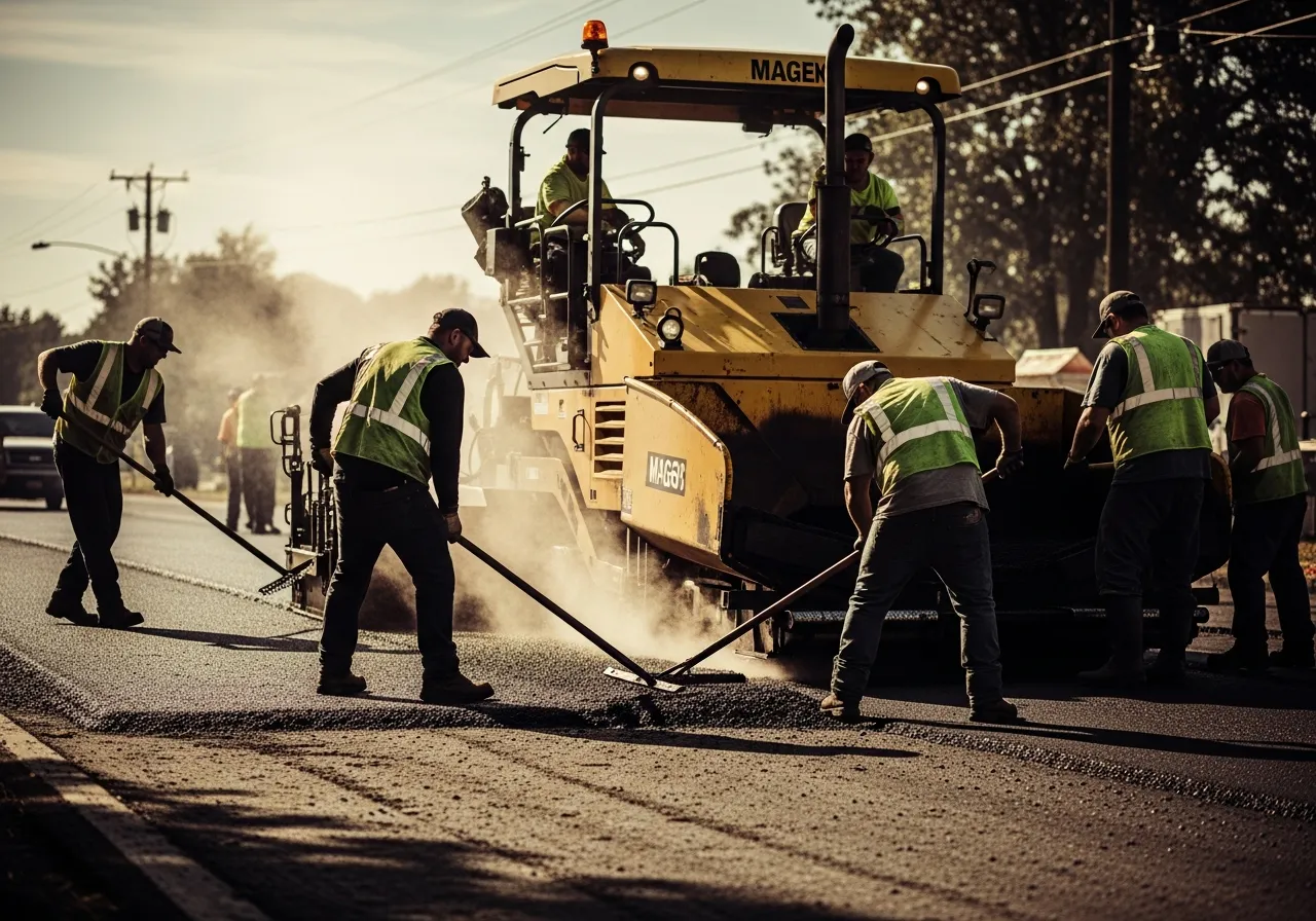 An asphalt paving crew at work